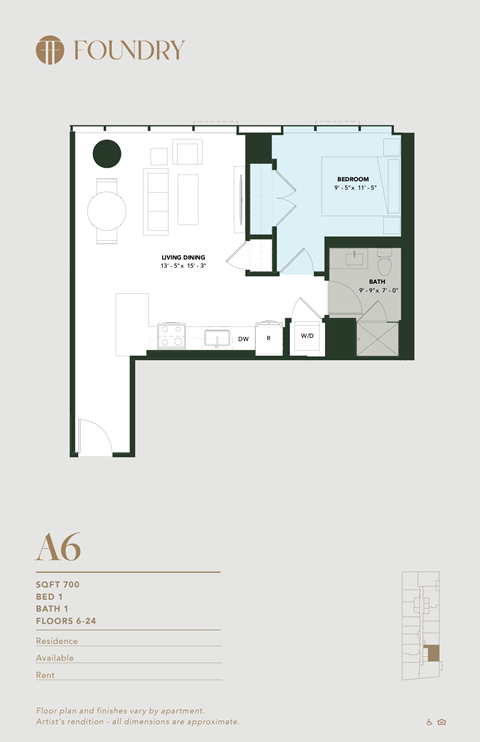 Floor plan for 1 bed, 1 bath, 700 sqft